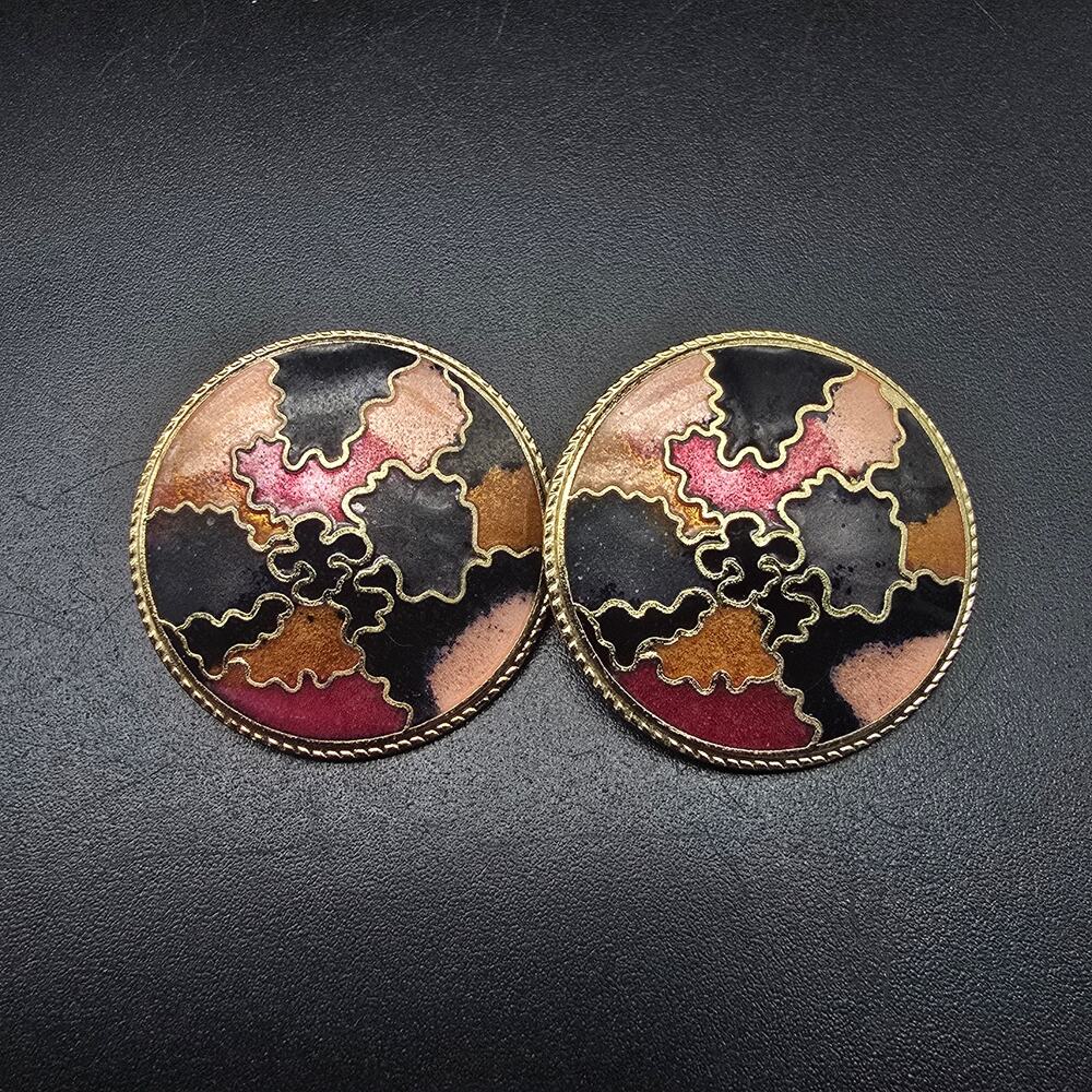 Black Pink Peach Cloisonne Clip On Earrings Round Vintage Costume Jewelry